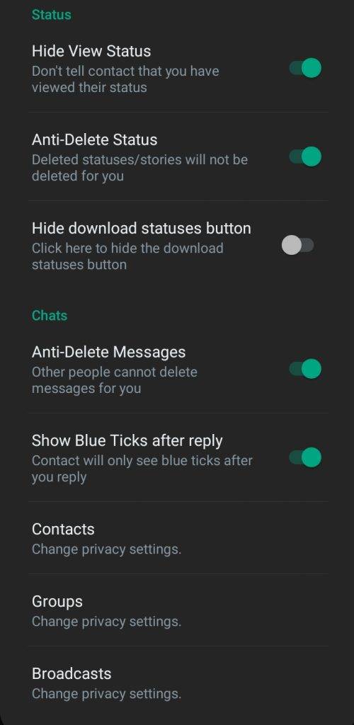 Status features in WhatsApp gold for android