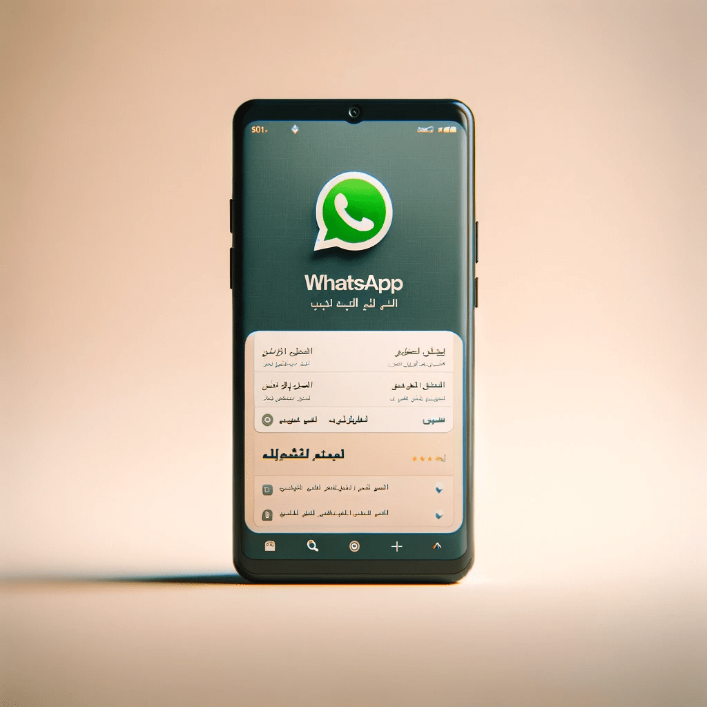 It represents a smartphone displaying the WhatsApp interface with Arabic text and includes the overlay text 'WhatsApp Arabic Application 2023 - Free Download'