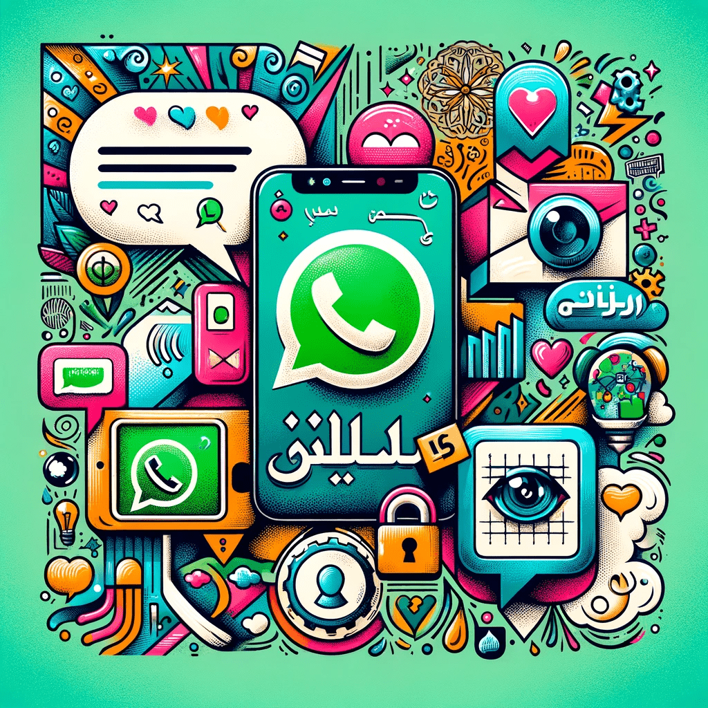 This image showcases the features of the WhatsApp Arabic application. It features hand-drawn style illustrations and a lively background that enhances the theme.



