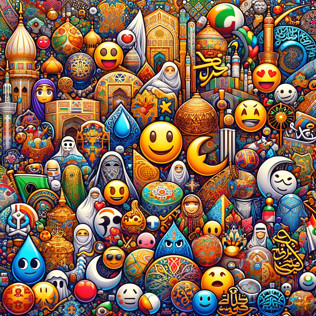 A colorful and vibrant digital artwork showcasing a variety of emojis and designs inspired by Arabic culture. The image should feature a rich assortment of symbols, patterns, and characters that reflect Arabic traditions and heritage, such as traditional Arabic clothing, architectural elements, calligraphy, and cultural motifs. The emojis should be expressive and lively, capturing the essence of Arabic cultural identity in a modern and digital format.